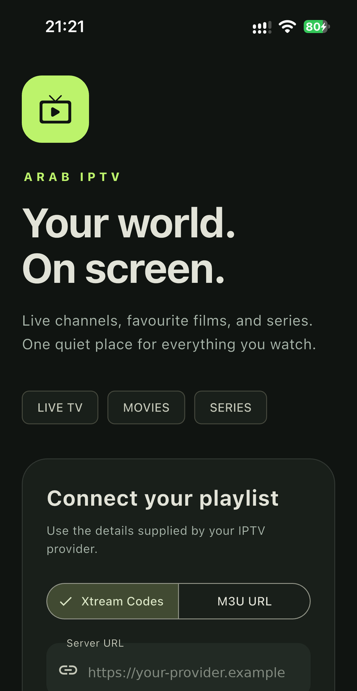Arab IPTV Player sign-in screen on iPhone, with fields for server URL and username