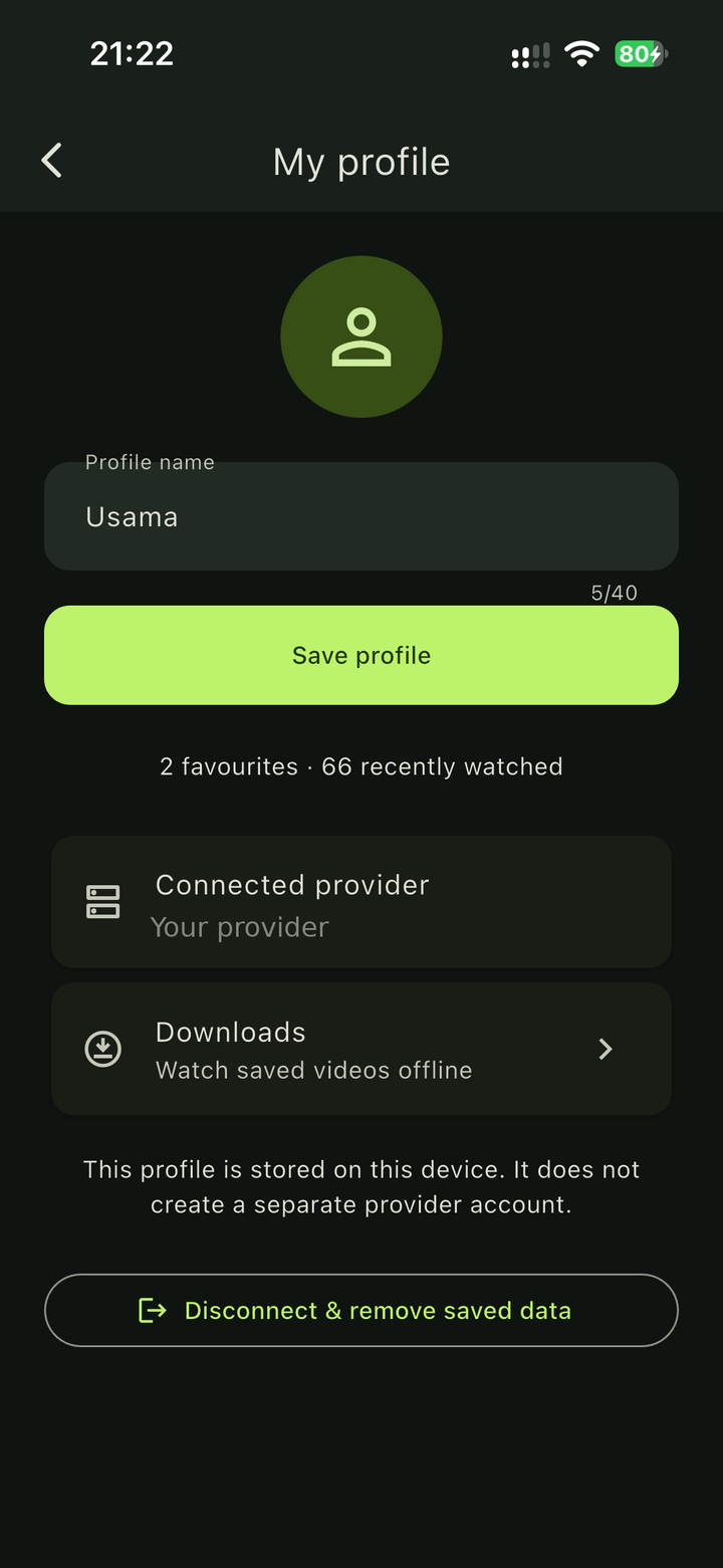 Arab IPTV Player profile screen on iPhone with a button to disconnect and remove saved data